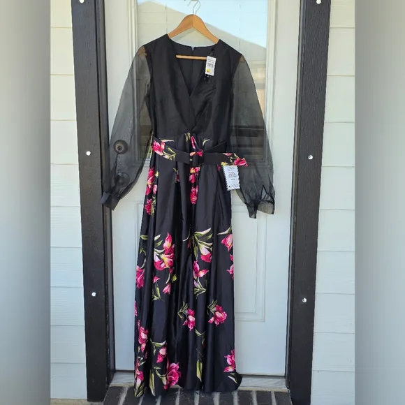 $289 Betsy & Adam Women Organza-Sleeve Floral Belted Gown Sz 4 Old Money - Picture 3 of 16